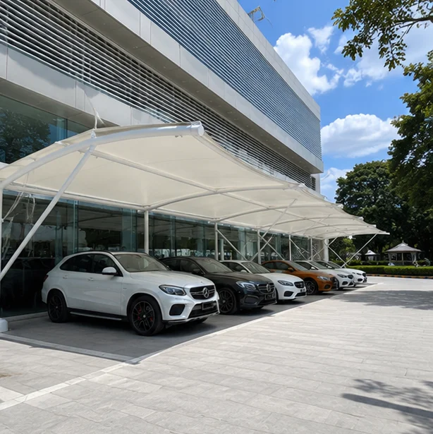 Multi-bay commercial tensile car parking canopy at a corporate complex